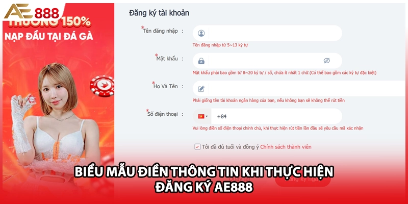 Biểu mẫu điền thông tin khi thực hiện đăng ký AE888