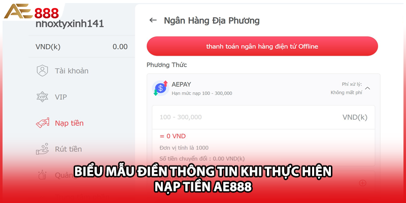 Biểu mẫu điền thông tin khi thực hiện nạp tiền AE888