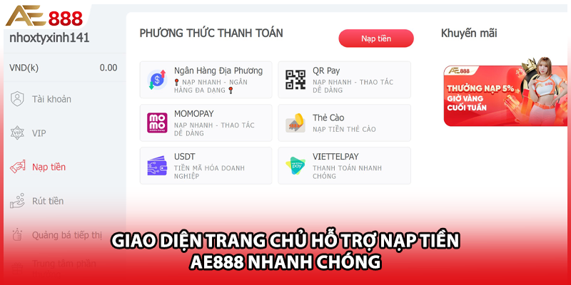 Giao diện trang chủ hỗ trợ nạp tiền AE888 nhanh chóng