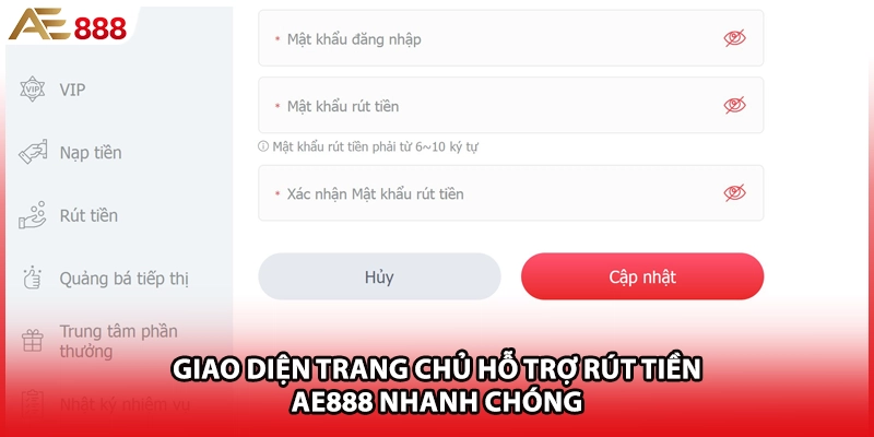 Giao diện trang chủ hỗ trợ rút tiền AE888 nhanh chóng